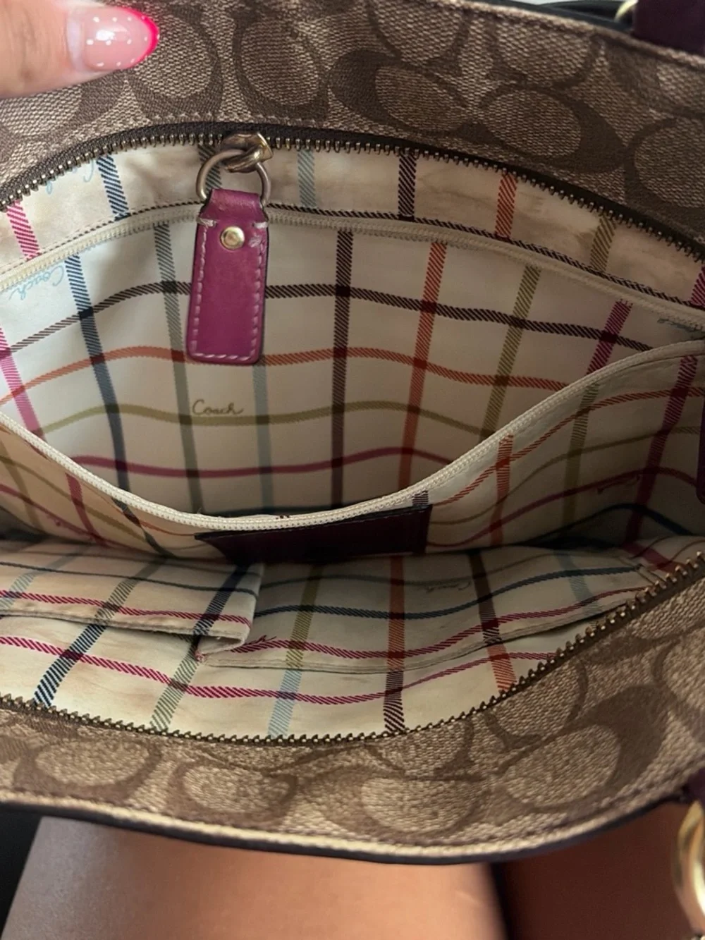 Coach Signature Stripe Tote in Brown and Plum